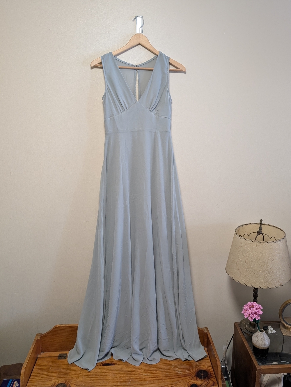 BHLDN Bridesmaid Dress Dusty Blue Maxi V-Neck Flowy XS Wedding.